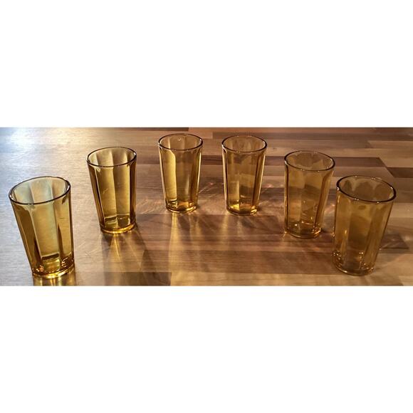 Vtg Hazel Atlas MCM 1960s Amber Glass Panel Optic Juice Tumblers 3.75” Set of 6 - Picture 5 of 9